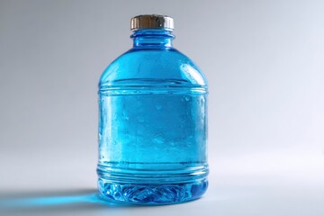 A clear blue water bottle stands against a soft gradient background, conveying freshness and