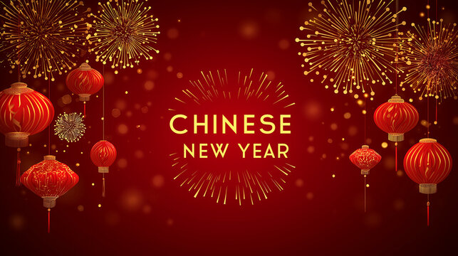 Chinese new year celebration with red lanterns and golden fireworks art