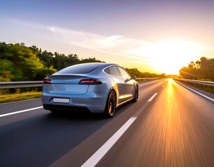 Sleek, silver sedan speeds along highway at sunset