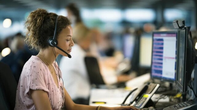 A customer support agent using advanced software with multilanguage capabilities to assist diverse clients effectively.