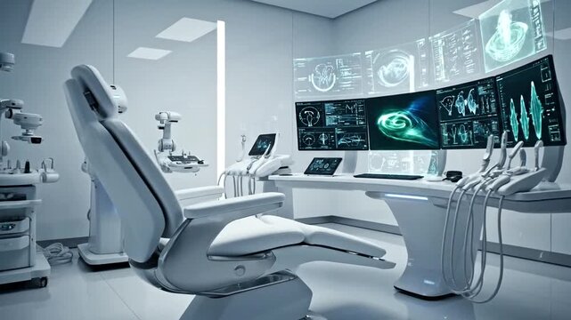 A futuristic medical examination room featuring advanced dental equipment. Screens display intricate imaging data