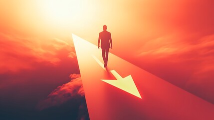 Silhouette of a lone figure walking towards a bright radiant sun on a path that splits into two directions symbolizing choice and destiny