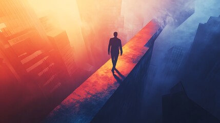 A solitary figure walks along a brightly lit path between dark imposing canyon walls bathed in a surreal gradient of warm orange and cool blue light symbolizing a journey of hope and discovery