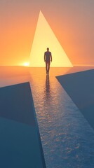 A lone figure walks down a reflective path towards a glowing pyramid bathed in the warm hues of a dramatic sunset symbolizing destiny and the unknown