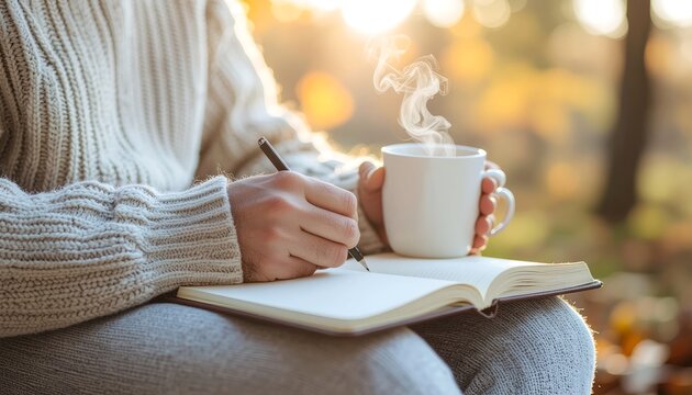 Person Writing in Notebook with Steaming Mug on a Cozy Autumn Day