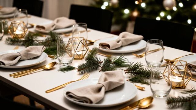 Modern Christmas Table Setup elegant modern dining table setup for christmas dinner, gold cutlery, neutral decor