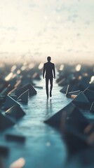 A lone businessman in a suit walks through a surreal landscape of abstract shapes and shimmering water symbolizing a journey of discovery and the unknown future