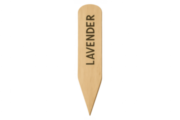 Wooden plant marker showing lavender text on transparent background