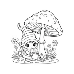 Cute Cartoon Gnome Watering Plants by a Mushroom Coloring Page for Kids