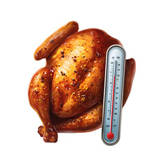 Whole roasted chicken with meat thermometer showing temperature
