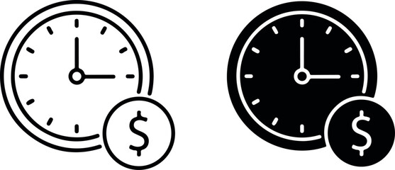 Time is money concept icon set with clock and dollar coin.