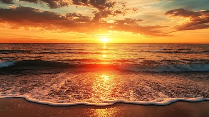 Golden sunset over the ocean with gentle waves lapping on a sandy beach reflecting the warm colors of the sky and creating a serene breathtaking natural landscape