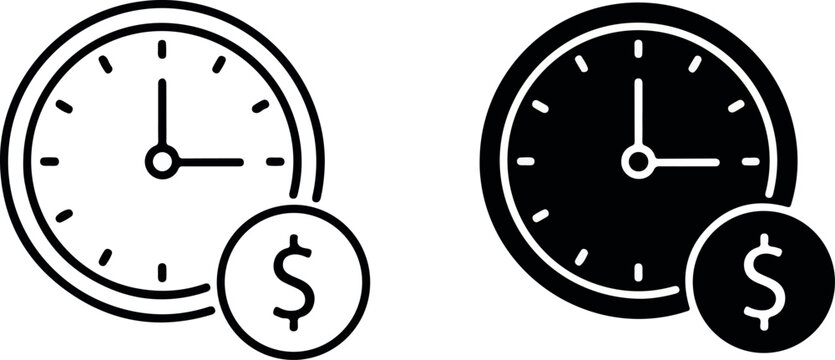 Time is money concept icon set with clock and dollar coin.