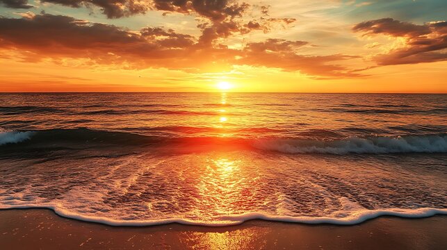 Golden sunset over the ocean with gentle waves lapping on a sandy beach reflecting the warm colors of the sky and creating a serene breathtaking natural landscape