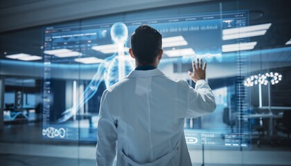 Medical Doctor Interacting with Advanced Holographic Human Anatomy Display