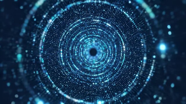 Circular abstract particle concept illuminated by blue light with surrounding lights, symbolizing technological innovation and progress, perfect for use cases related to futuristic concepts.