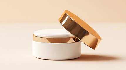 Elegant white cosmetic jar with a luxurious gold lid showcasing a sophisticated and premium skincare product container against a soft neutral background