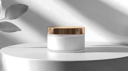 Minimalist product photography of a white cosmetic jar with a golden lid elegantly displayed on a white pedestal with soft shadows and a blurred plant leaf in the background