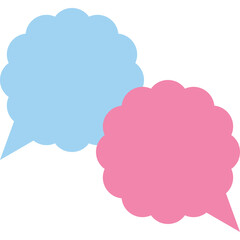 Two overlapping speech bubbles one light blue and one pink representing communication and conversation on a white background