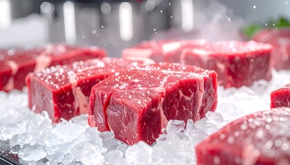 Premium fresh raw beef cuts, seasoned with coarse salt, meticulously arranged on a sparkling bed of crushed ice, ready for culinary preparation, showcasing quality and freshness in a butcher's display