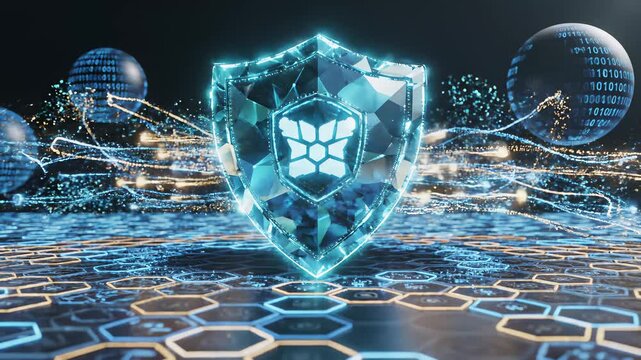 Technological innovation and data protection conceptually represented through futuristic shield designs with glowing blue backgrounds, binary code on spheres, and computer screens displaying.