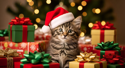Cat wearing hat of santa and gift spread around isolated image