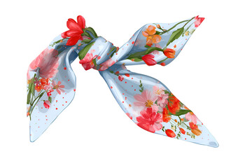 Light blue silk scarf with a vibrant floral pattern and a red bow isolated on black