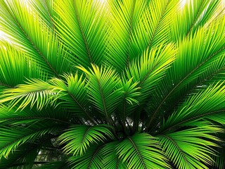 Fototapeta premium A dense cluster of vibrant green palm leaves forming a natural canopy overhead, inviting shade, growth, organic