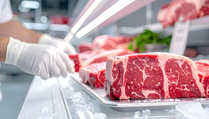 Fresh raw beef cuts meticulously arranged in a professional butcher shop's chilled display case