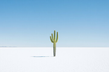 A single cactus growing in the middle of a vast white salt desert