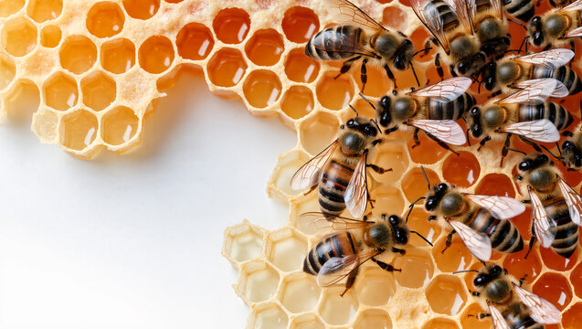 Group of honeybees working on honeycomb filled with golden honey, macro natural texture and organic beekeeping concept