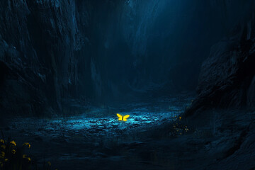 A single firefly lost in a vast, dark canyon, its glow a tiny beacon of hope  