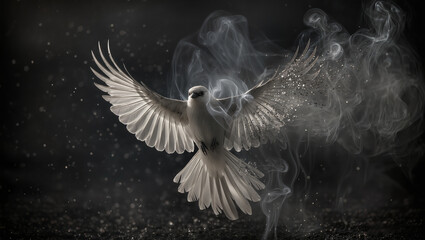 White dove rising from smoke in dark background, surreal fine art photography symbolizing freedom, rebirth and spirit