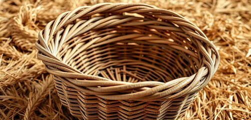 Empty woven basket, rustic texture, natural fiber, woven, tidy