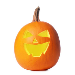 Carved Jack-o-lantern pumpkin on white background. Happy Halloween