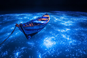A small fishing boat drifting on a sea of bioluminescent light  