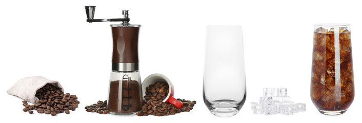 Iced coffee preparation on white background, collage
