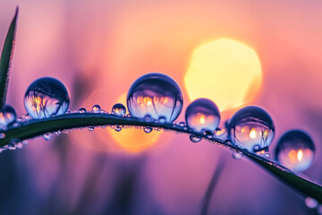 A soft twilight scene mirrored inside tiny water droplets