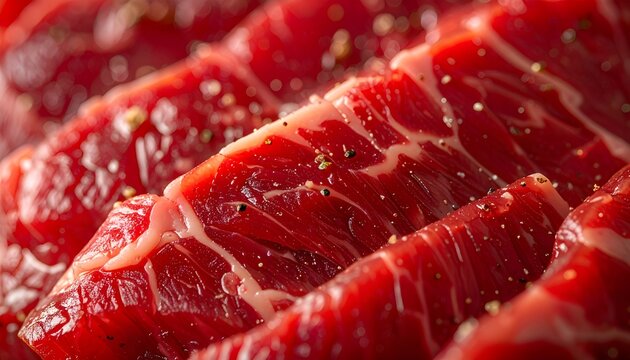 Vibrant slices of raw marbled beef seasoned with coarse black pepper, a detailed closeup of fresh steak prepared for gourmet cooking