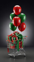 Festive Shopping Cart Filled with Gifts and Balloons for Holiday Celebrations