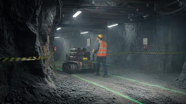 Operator coordinating transport of explosive charges using specialized equipment to maintain safety standards in mining operations.