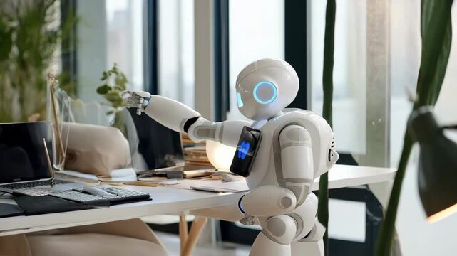 Medium shot of a humanoid robot providing automated video call support enhancing customer service with seamless telepresence technology in a modern office setting.