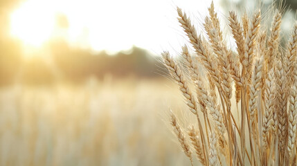 Fototapeta premium Golden wheat field sunset warm light, wheat ear closeup, serene harvest mood