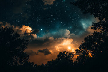 A storm rolling in, with trees swaying under the celestial glow  