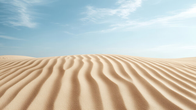 Golden sand dune with wind patterns under blue sky evoking calm and solitude
