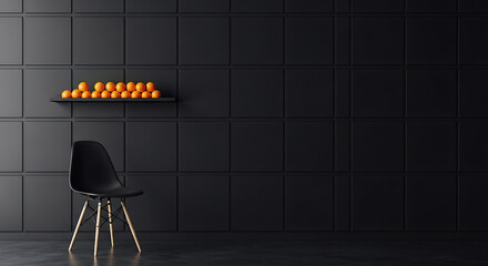 Modern Minimalist Interior Design with Oranges on a Shelf and a Black Chair