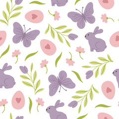 Happy Easter seamless vector pattern. Easter eggs, bunny, butterflies, and chicks in a creative repeating design. A repeating endless flat design in pastel colors.