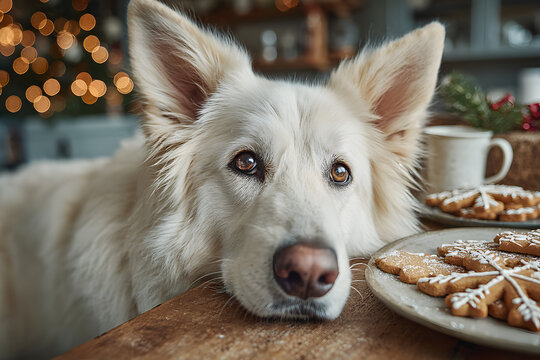 Adorable white dog eyes gingerbread cookies on table in modern room Playful Swiss shepherd and Christmas treats Genuine holiday pet prep - Powered by Adobe