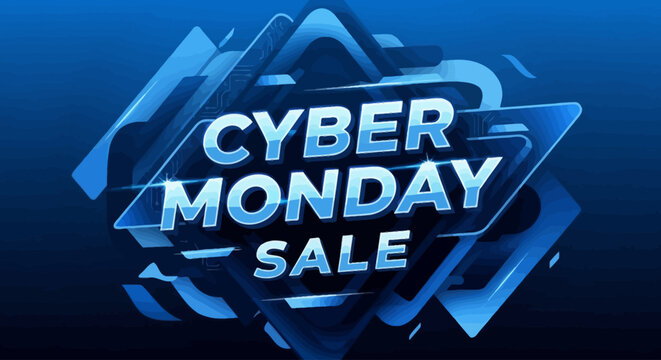 Futuristic Cyber Monday sale banner with 3D typography on a blue digital background for online shopping promotions and advertising