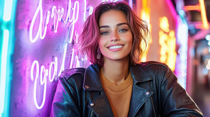 Fototapeta premium Young woman smiling in neon alley with leather jacket and warm sweater